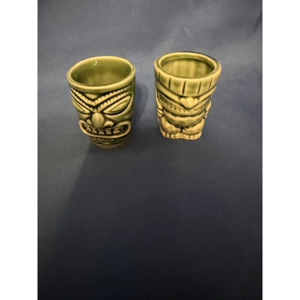 Tiki Souvenir Shot Glasses Green & Blue Unique Weigh 4 oz. Each Set of 2 Hawaii